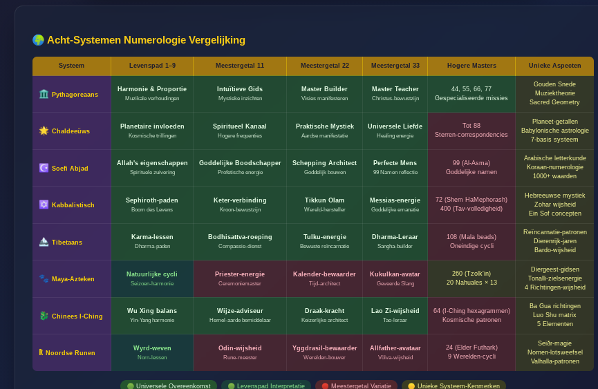 Universal Numerology Oracle - 8 Systemen Tabel